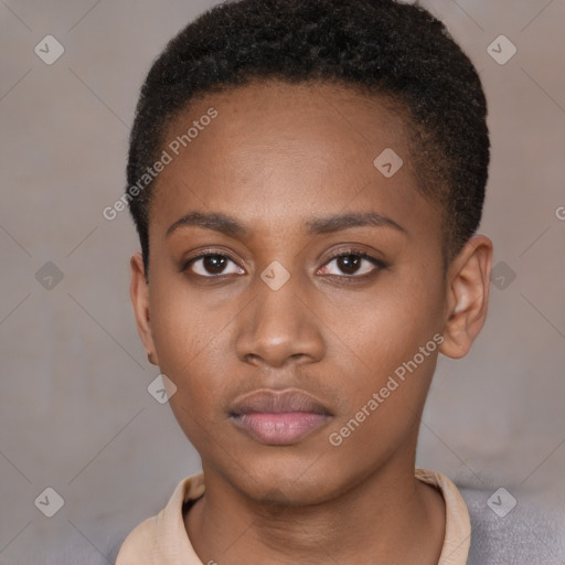 Neutral black young-adult female with short  brown hair and brown eyes