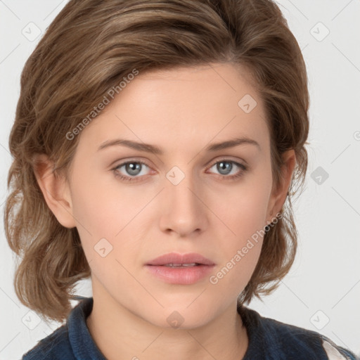 Neutral white young-adult female with medium  brown hair and grey eyes