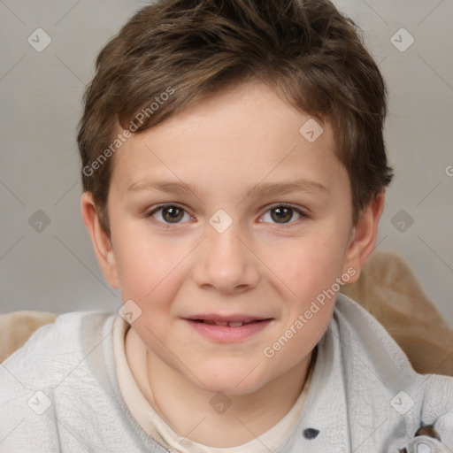 Joyful white child female with short  brown hair and brown eyes