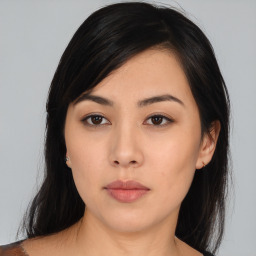 Neutral asian young-adult female with medium  black hair and brown eyes