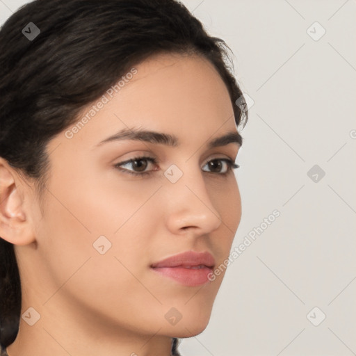 Neutral white young-adult female with medium  brown hair and brown eyes