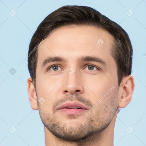 Neutral white young-adult male with short  brown hair and brown eyes