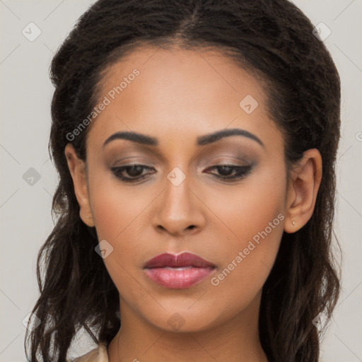 Joyful latino young-adult female with long  brown hair and brown eyes