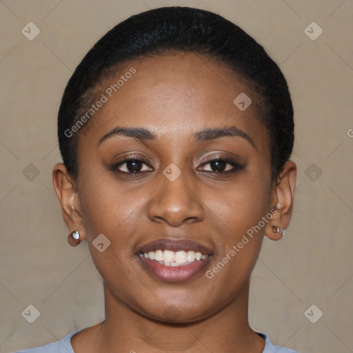 Joyful black young-adult female with short  brown hair and brown eyes