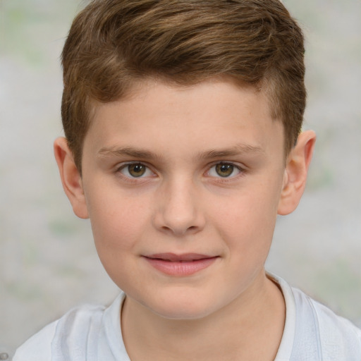 Joyful white child male with short  brown hair and grey eyes