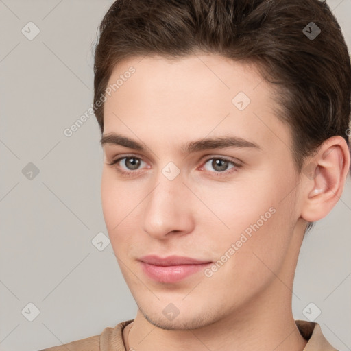 Neutral white young-adult male with short  brown hair and brown eyes