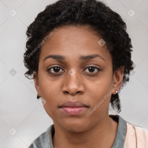 Neutral black young-adult female with short  black hair and brown eyes