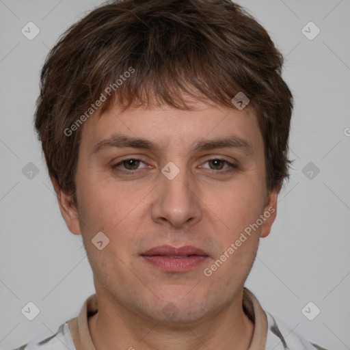 Neutral white young-adult male with short  brown hair and brown eyes