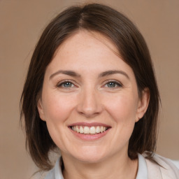 Joyful white adult female with medium  brown hair and brown eyes