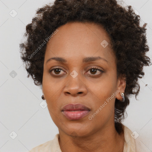 Neutral black adult female with short  brown hair and brown eyes