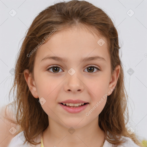 Joyful white child female with medium  brown hair and brown eyes