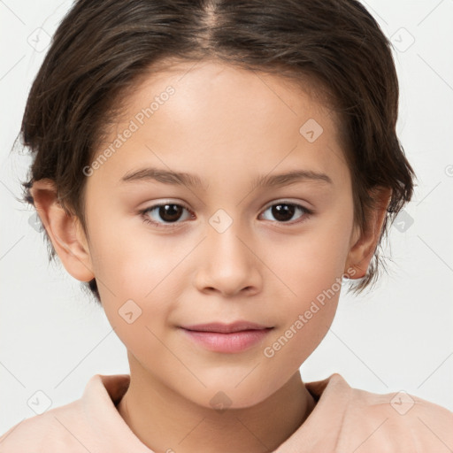 Joyful white child female with medium  brown hair and brown eyes