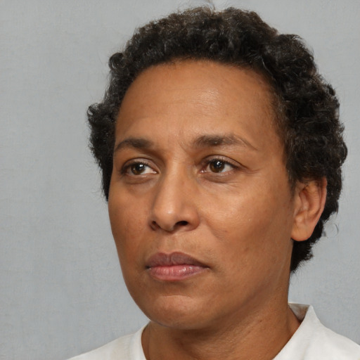 Neutral black adult female with short  brown hair and brown eyes