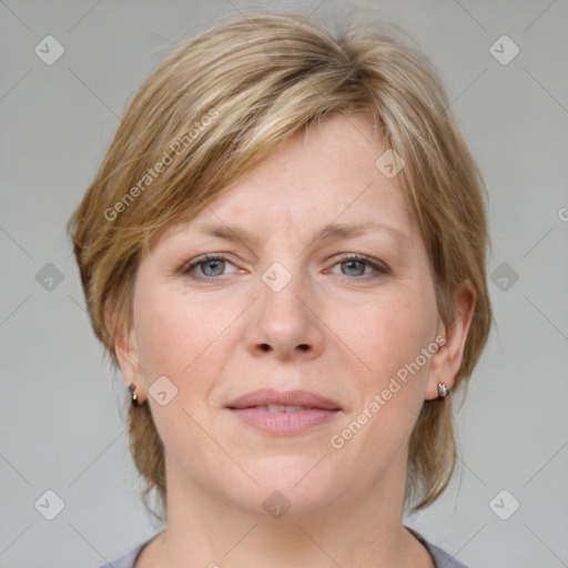 Joyful white young-adult female with medium  brown hair and blue eyes