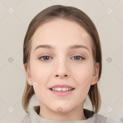 Joyful white young-adult female with medium  brown hair and grey eyes