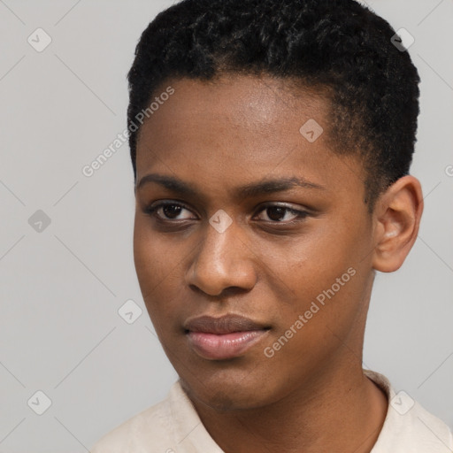 Joyful latino young-adult female with short  black hair and brown eyes