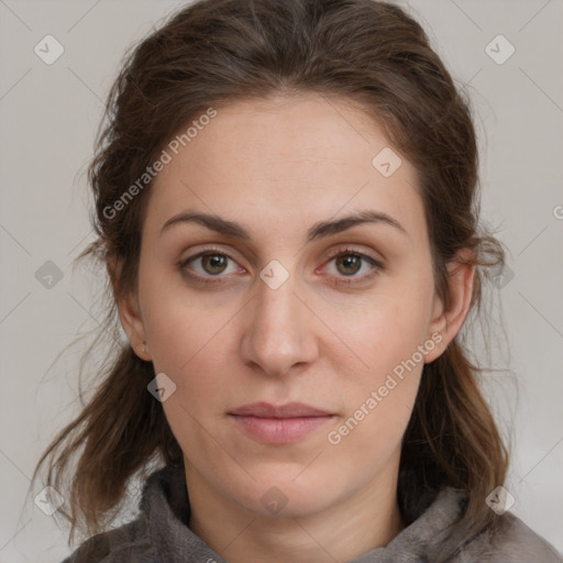 Neutral white young-adult female with medium  brown hair and brown eyes