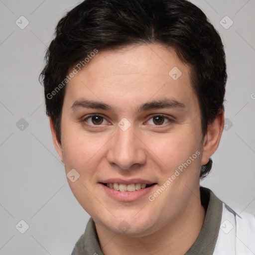 Joyful white young-adult female with short  brown hair and brown eyes