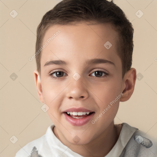 Joyful white child male with short  brown hair and brown eyes