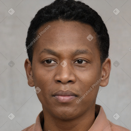Neutral black young-adult male with short  black hair and brown eyes