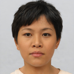 Neutral asian young-adult female with short  brown hair and brown eyes