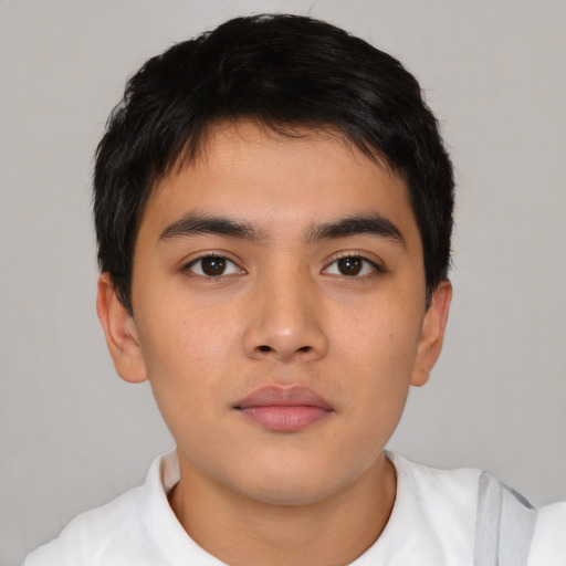 Neutral asian young-adult male with short  brown hair and brown eyes