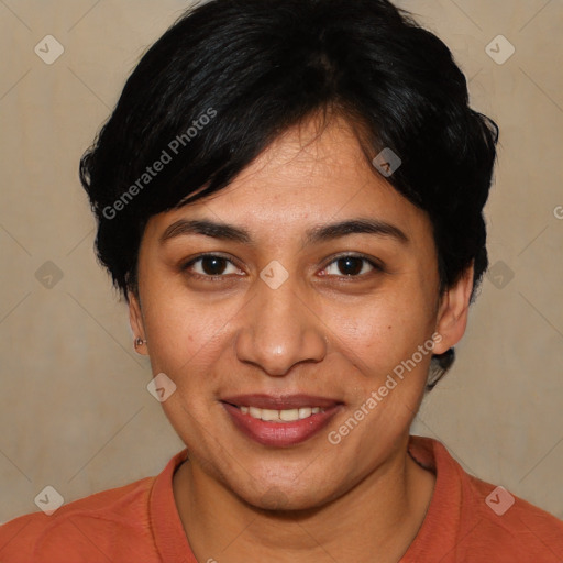 Joyful white young-adult female with short  brown hair and brown eyes