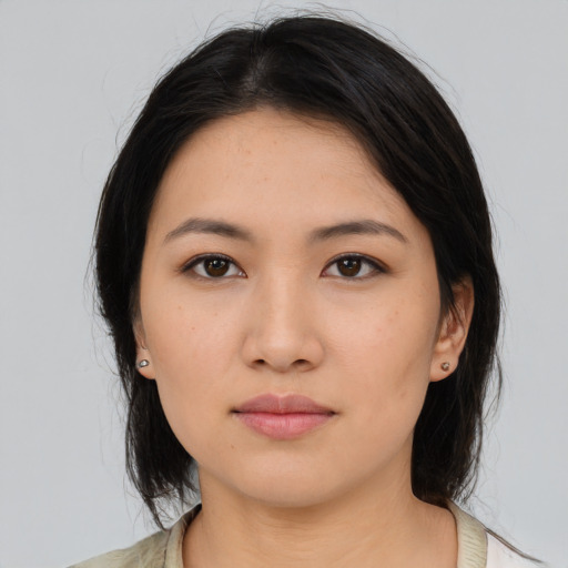 Neutral asian young-adult female with long  black hair and brown eyes