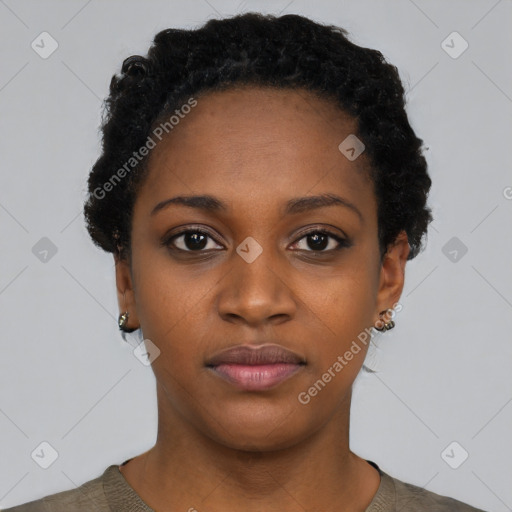 Neutral black young-adult female with short  black hair and brown eyes