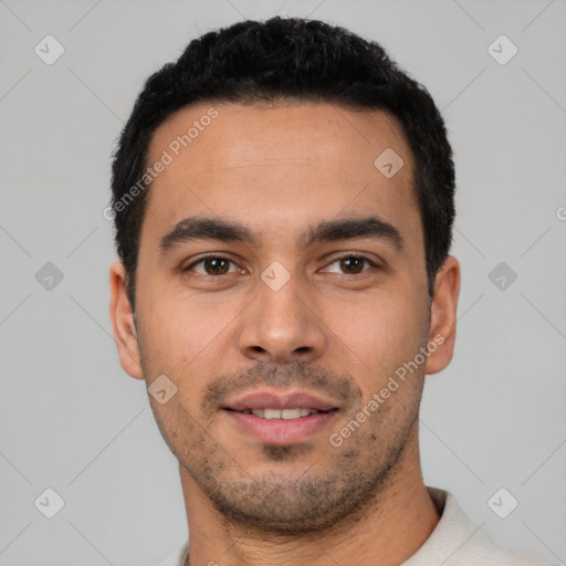 Neutral latino young-adult male with short  black hair and brown eyes