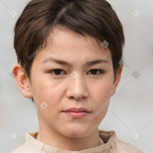 Neutral white young-adult female with short  brown hair and brown eyes