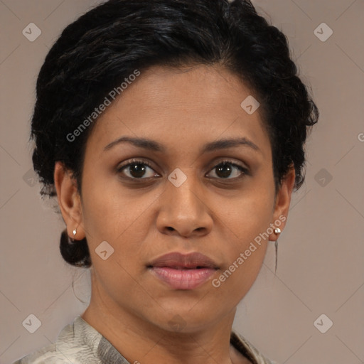 Joyful latino young-adult female with short  brown hair and brown eyes