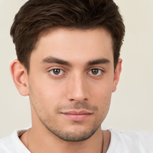 Neutral white young-adult male with short  brown hair and brown eyes