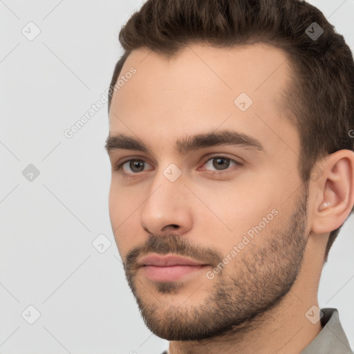 Neutral white young-adult male with short  brown hair and brown eyes