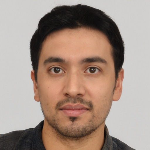 Neutral asian young-adult male with short  black hair and brown eyes