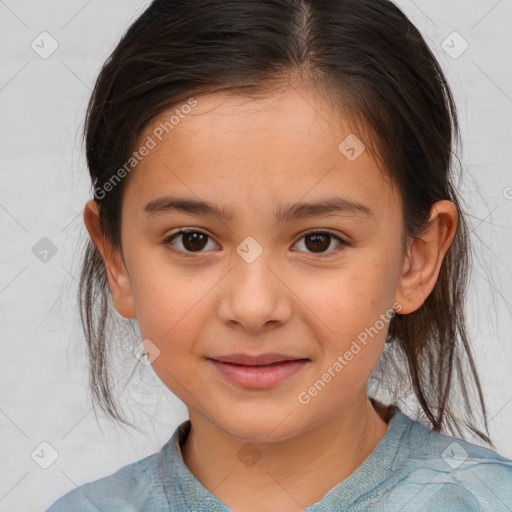 Joyful white child female with medium  brown hair and brown eyes