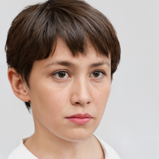 Neutral white young-adult female with short  brown hair and brown eyes