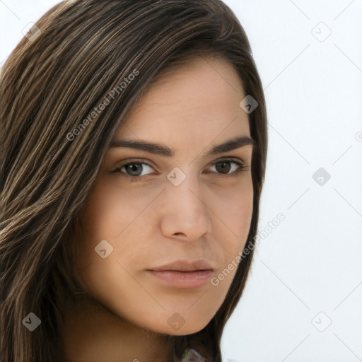 Neutral white young-adult female with long  brown hair and brown eyes