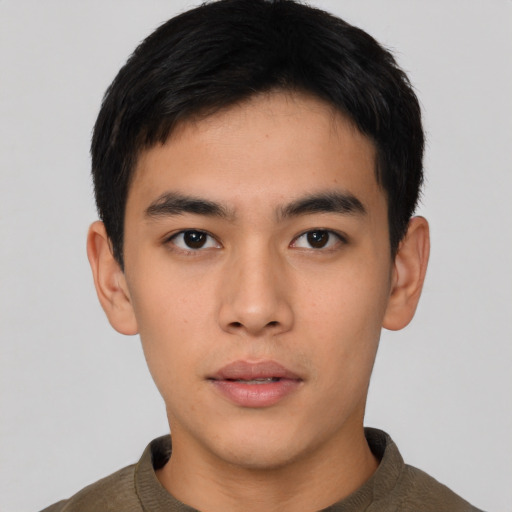 Neutral asian young-adult male with short  brown hair and brown eyes