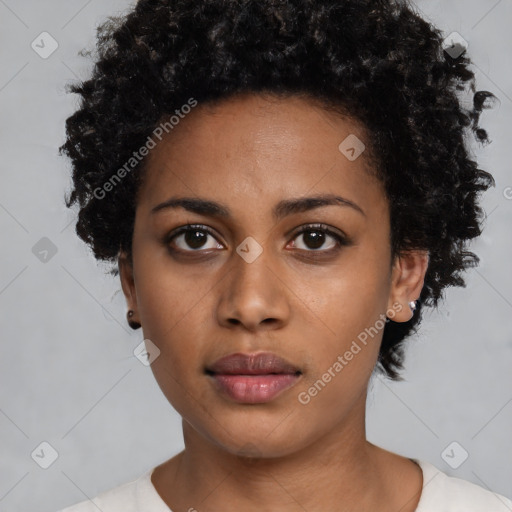 Neutral black young-adult female with short  black hair and brown eyes