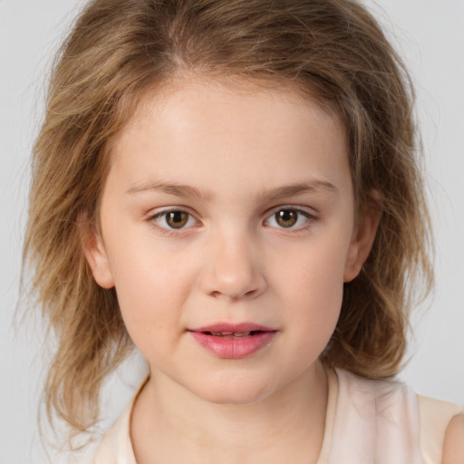 Joyful white child female with medium  brown hair and brown eyes