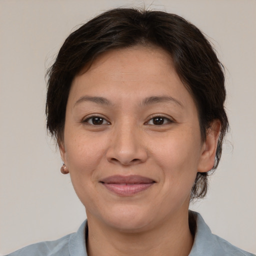 Joyful white adult female with medium  brown hair and brown eyes