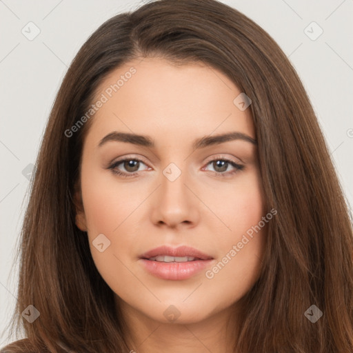 Neutral white young-adult female with long  brown hair and brown eyes