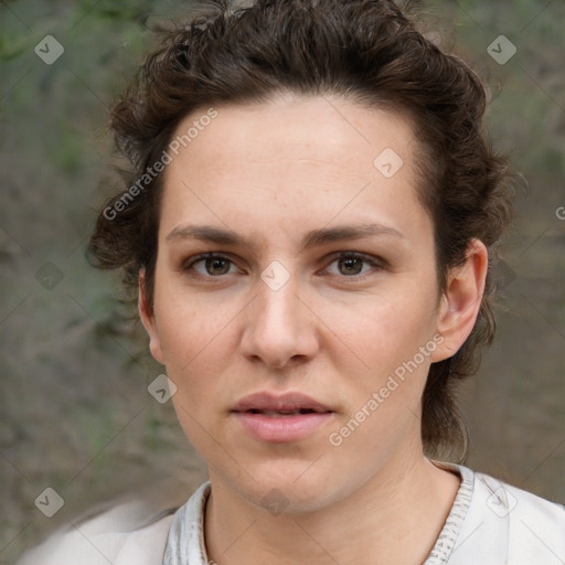 Neutral white young-adult female with short  brown hair and brown eyes