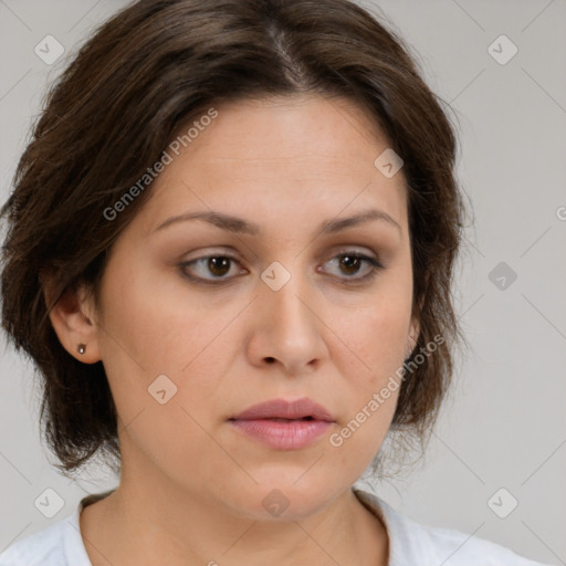 Neutral white young-adult female with medium  brown hair and brown eyes