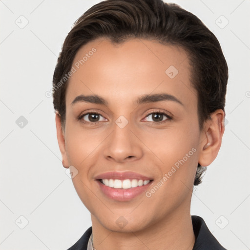 Joyful white young-adult female with short  brown hair and brown eyes