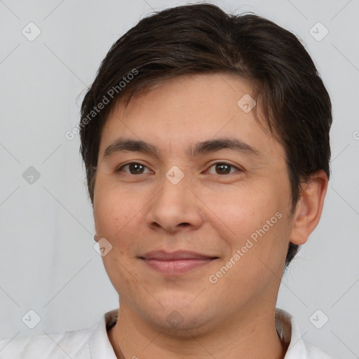 Joyful white young-adult male with short  brown hair and brown eyes