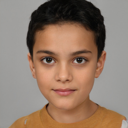 Joyful white child female with short  brown hair and brown eyes