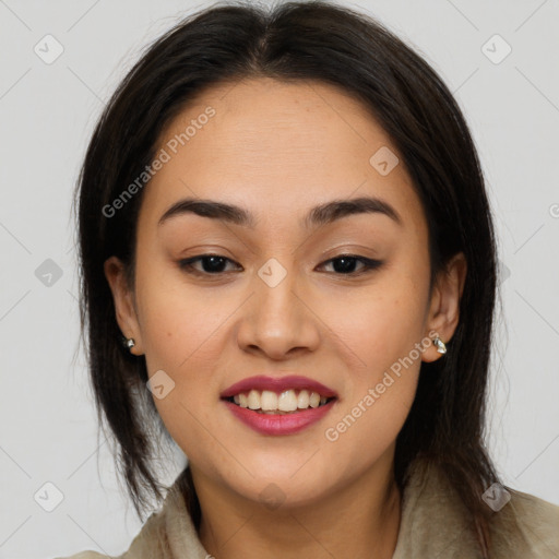 Joyful latino young-adult female with medium  brown hair and brown eyes