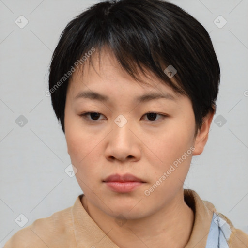 Neutral asian young-adult female with medium  brown hair and brown eyes